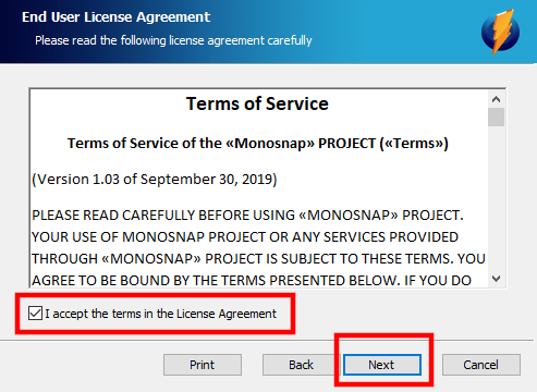 Monosnapのインストール②　End User License Agreement