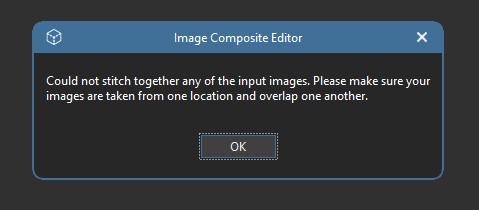 Could not stitch together any of the input images. Please make sure your images are taken from one location and overlap one another.