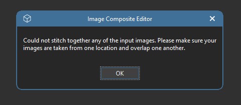 「Could not stitch together any of the input images. Please make sure your images are taken from one location and overlap one another.」エラー画像