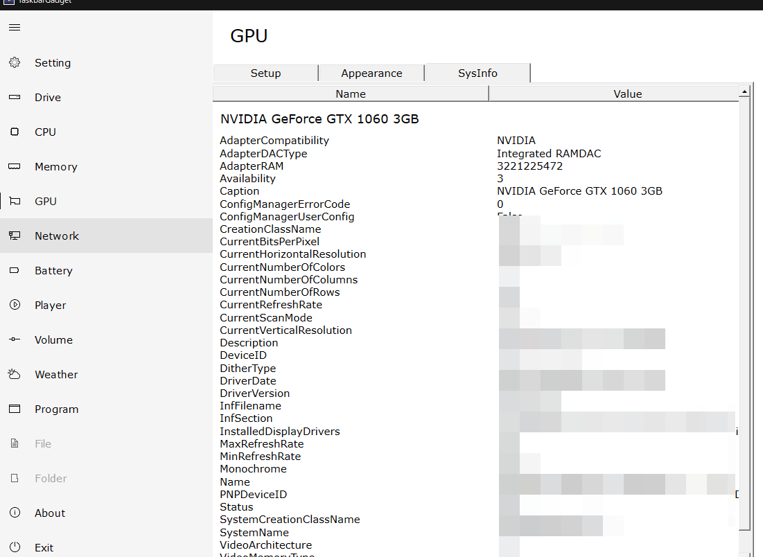 TaskbarGadgetの設定画面　GPU