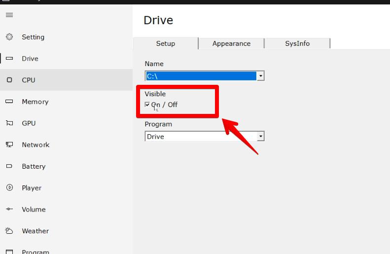 TaskbarGadgetの設定画面　Drive　Visibleで表示切り替え