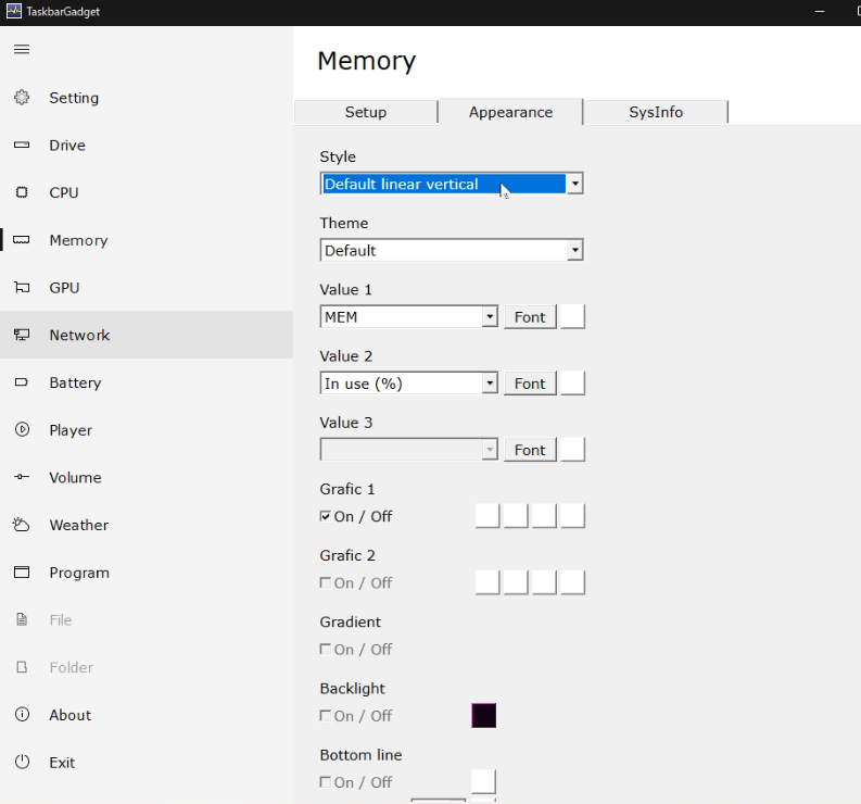 TaskbarGadgetの設定画面　Memory