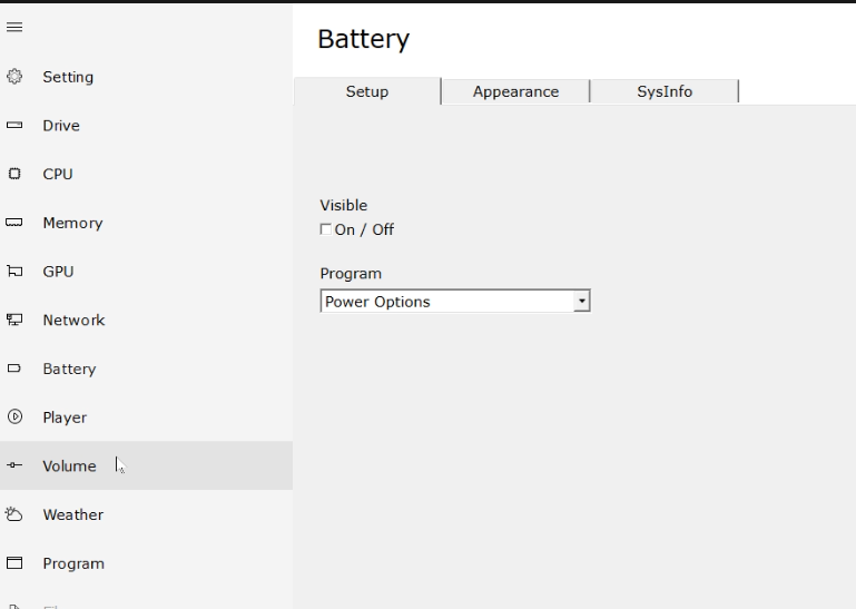 TaskbarGadgetの設定画面　Battery