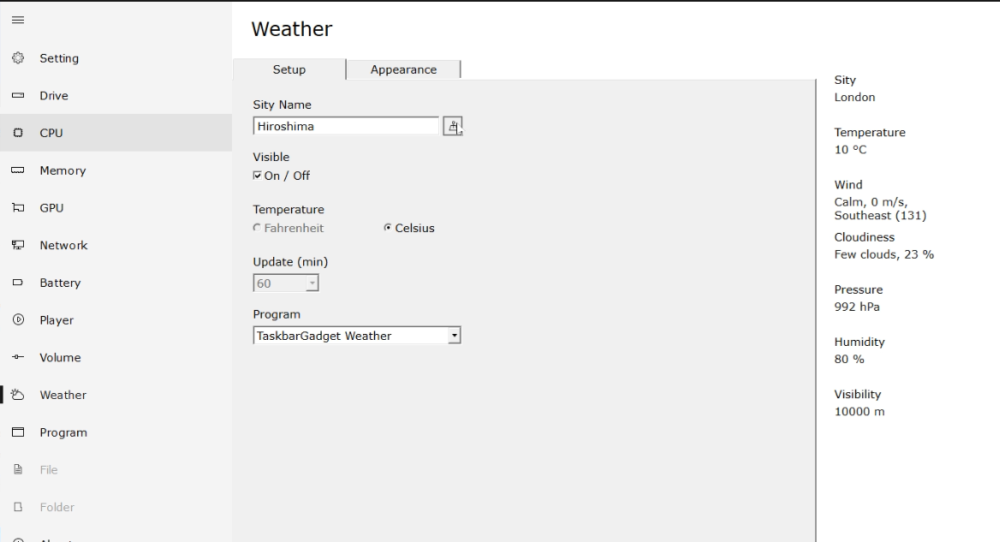 TaskbarGadgetの設定画面　Weather