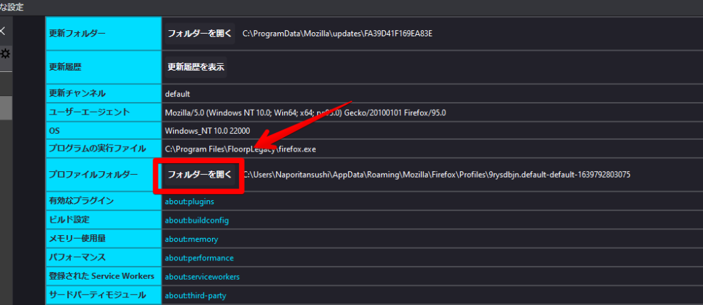 プロファイルフォルダーの「フォルダーを開く」をクリック