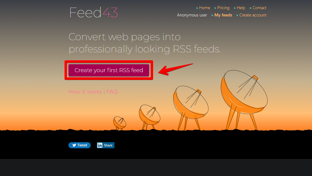 「Create your first RSS feed」をクリック
