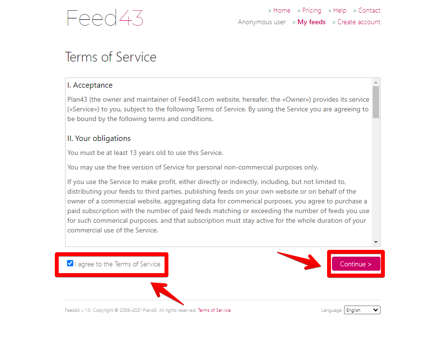 Feed43のTerms of Service