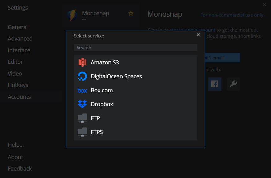 「Monosnap」の「Select service」選択画面