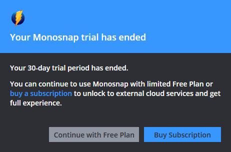 「Your Monosnap trial has ended」ダイアログ画像