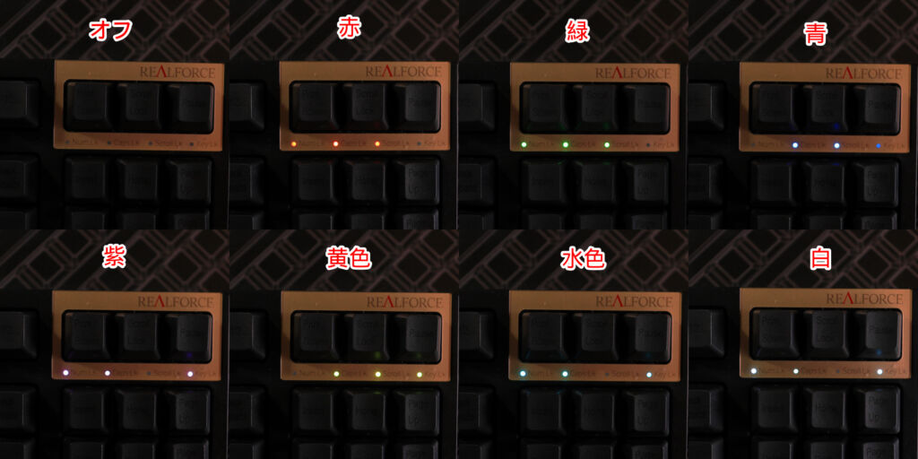 REALFORCEキーボードの全てのインジケーターLED色の比較画像