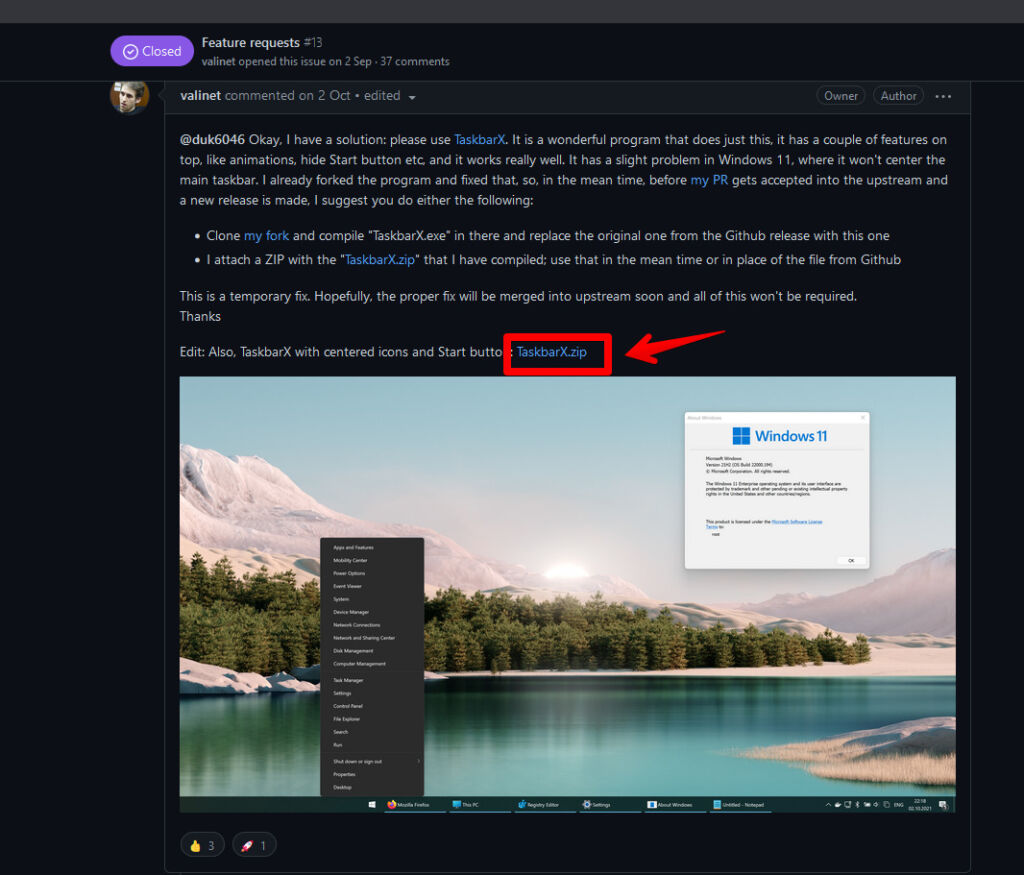 フォークされたTaskbarXのダウンロード