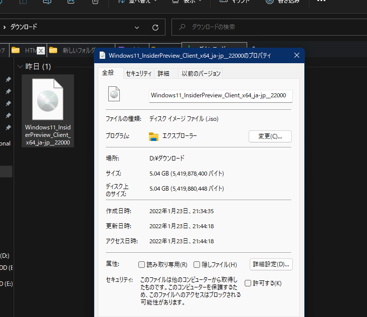 Windows 11_InsiderPreview_Client_x64_ja-jp_22000のプロパティ