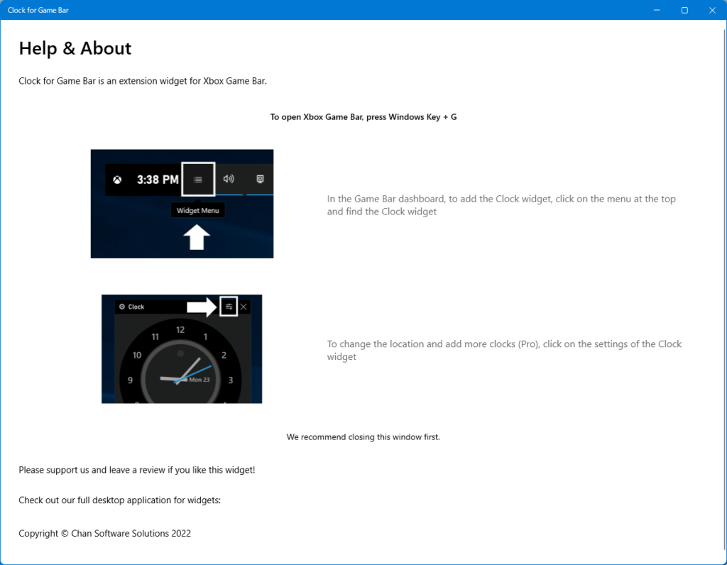 「Clock for Game Bar」の「Help & About」画像