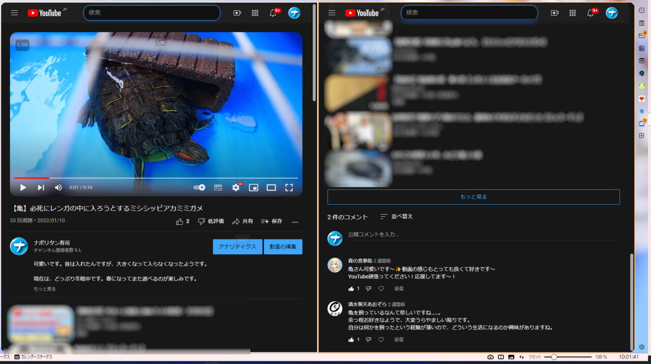 「Vivaldi」ブラウザで「YouTube」を見ながら、コメント欄をタイリングしたスクリーンショット