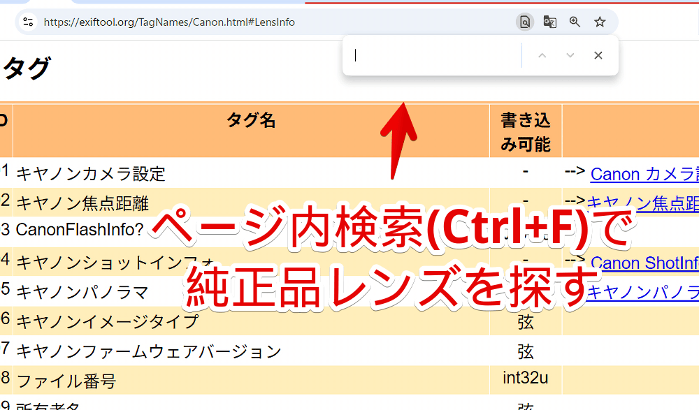 「Canon Tags」サイトでページ内検索する手順画像