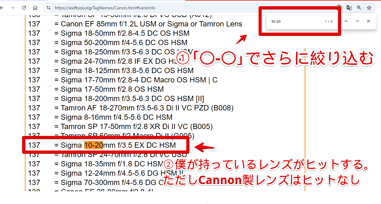 「Canon Tags」のページ内検索で「10-20」と検索した画像