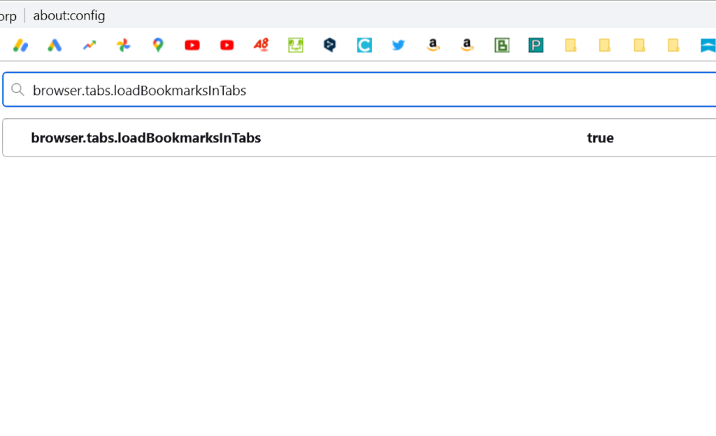 about:configの「browser.tabs.loadBookmarksInTabs」項目の画像