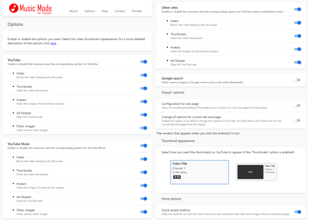 「Music Mode for Youtube」拡張機能の設定画面画像