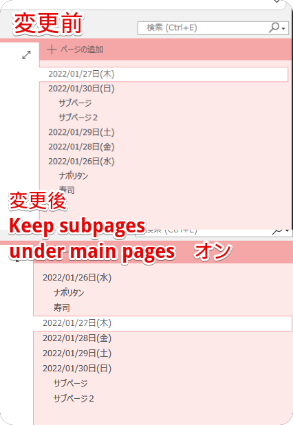 Keep subpages under main pages オンにした場合の並べ替え