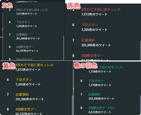 「ModernDeck」で用意されている灰色、赤色、黄色、鴨の羽色にしたトレンド画像