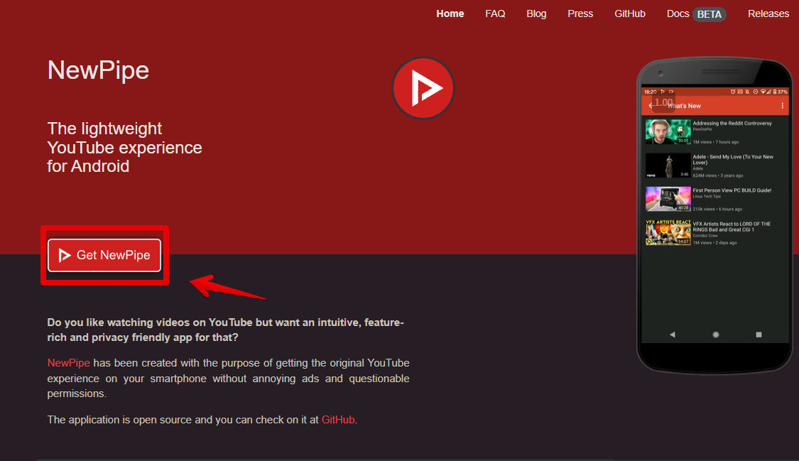 NewPipe - a free YouTube clientの公式サイト画像