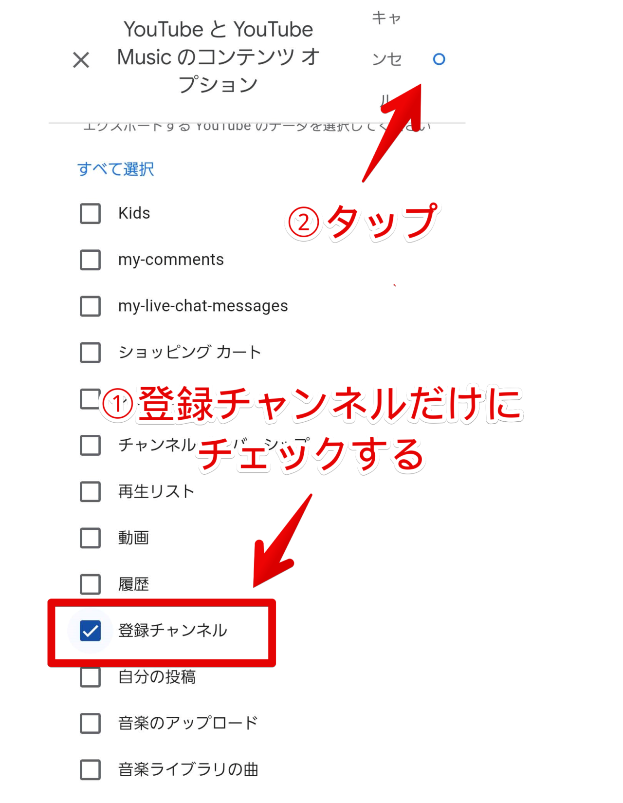 YouTubeとYouTube Musicのコンテンツオプション 「登録チャンネル」だけにチェックする