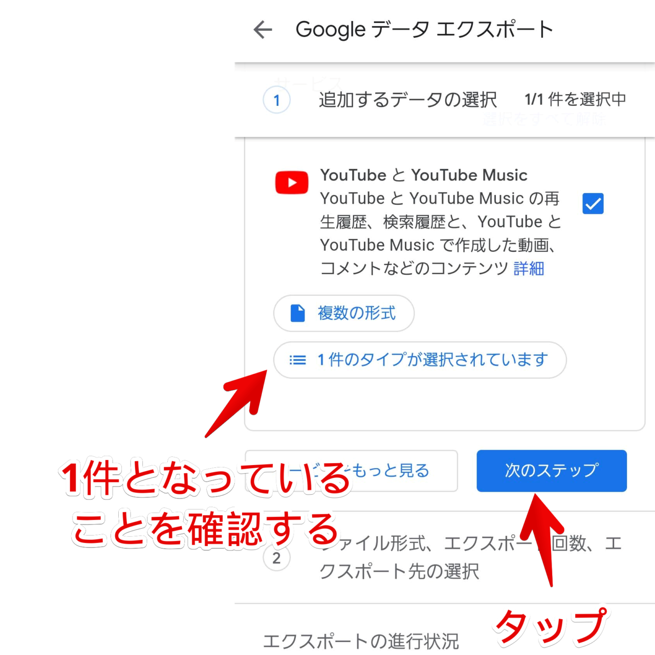 Googleデータエクスポート 1件のタイプが選択されています