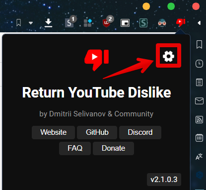 Return YouTube Dislikeのポップアップ　歯車アイコンをクリック