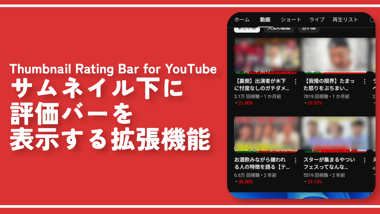 サムネイル下に評価バーを表示する拡張機能「Thumbnail Rating Bar for YouTube」