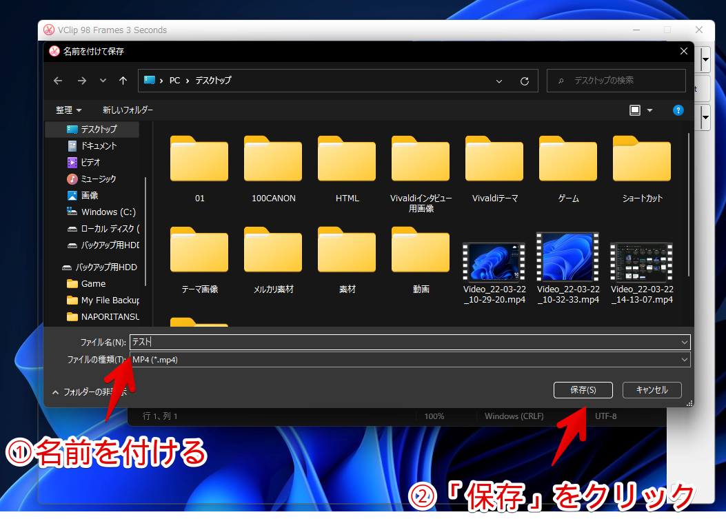 名前を付けて保存ウィンドウ 「テスト」という名前で動画を保存