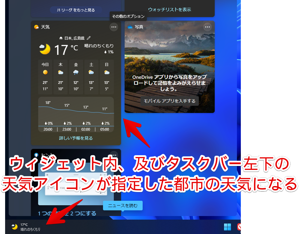 Windows11のウィジェット画面6　ウィジェット、及びタスクバー左下の天気アイコンが指定した都市の天気になる