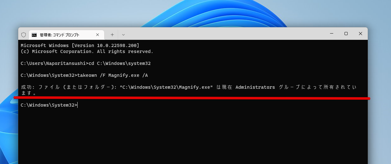 成功: ファイル (またはフォルダー): "C:\Windows\System32\Magnify.exe" は現在 Administrators グループによって所有されてい ます。