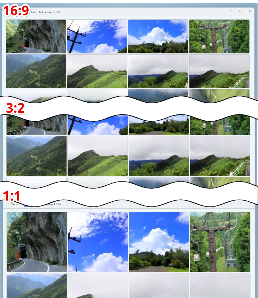 Gallery thumbnail aspect ratioの16:9、3:2、1:1の比較画像