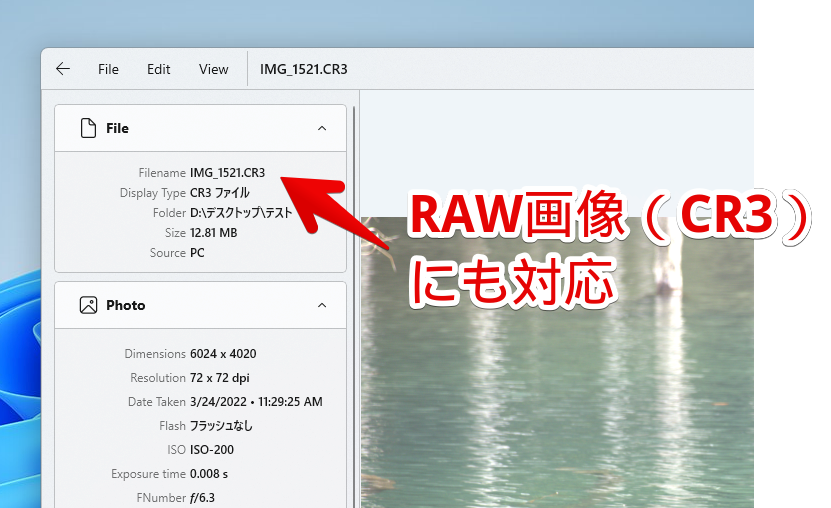 本アプリでRAW(CR3)画像を開いた様子