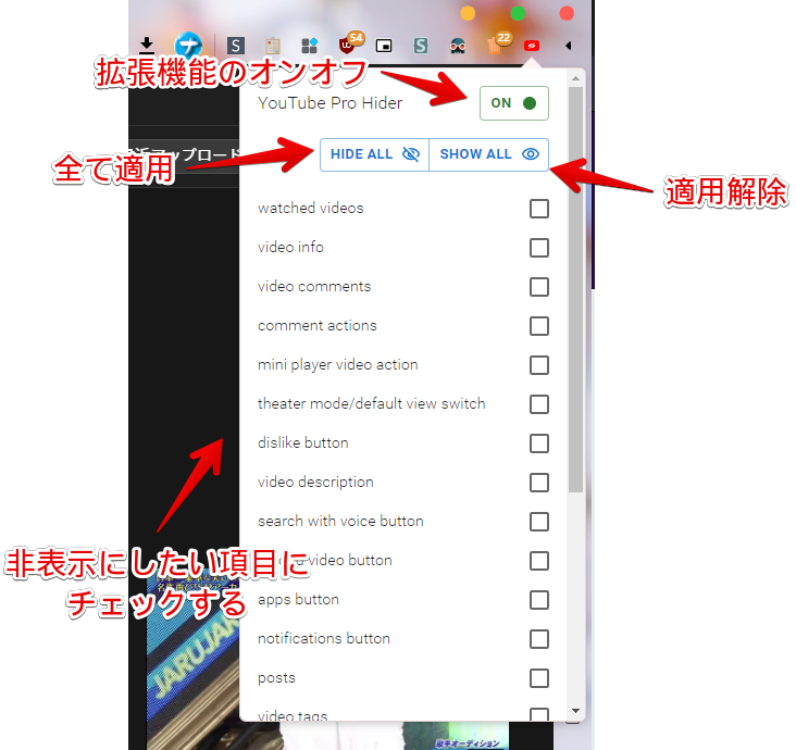 「YouTube Settings」拡張機能のポップアップ画像