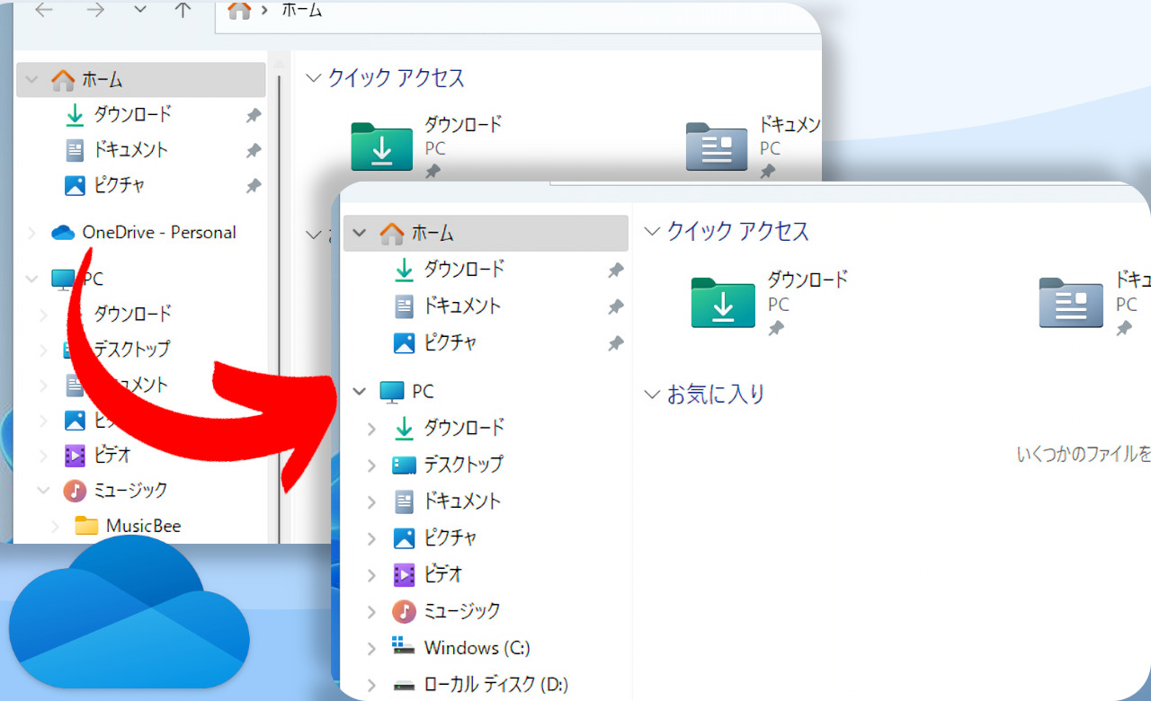 エクスプローラーのOneDriveアイコンを非表示にする前と後の画像
