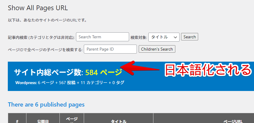Show Pages URL Listのページ　「サイト内総ページ数」といったようにテキストが日本語化されている