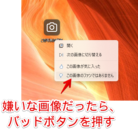 「この写真の詳細」アイコンの右クリック→このファンではありません