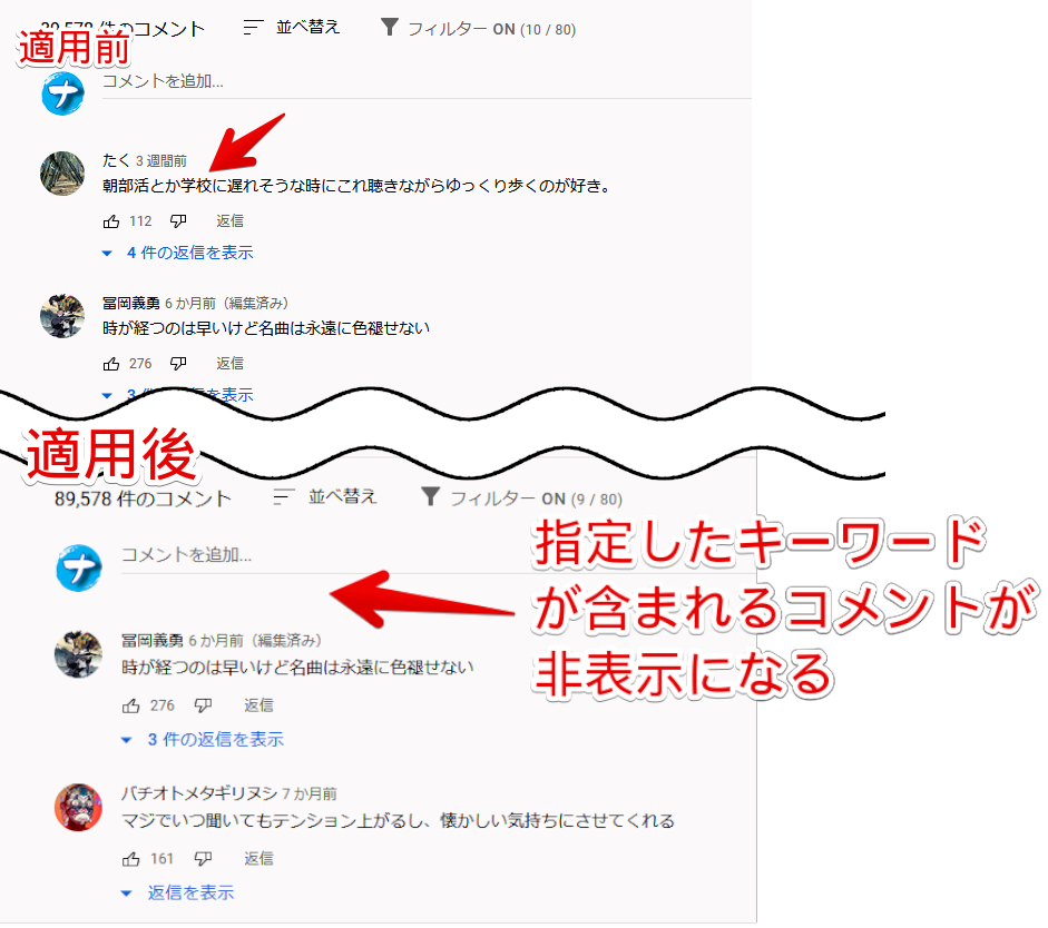 Yet Another YouTube Comment Filter (Yay Filter)の単語ブロック機能を使ってみた比較画像