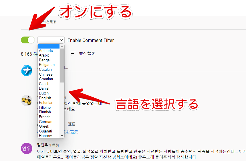 「YouTube Comment Language Filter」拡張機能を導入したYouTubeのコメント欄画像