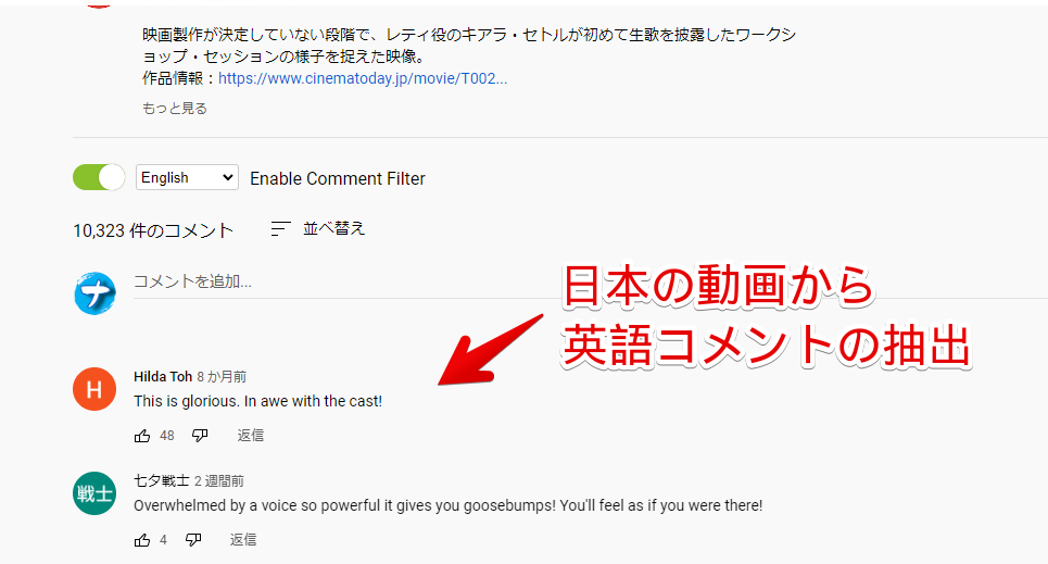「YouTube Comment Language Filter」を使って、日本の動画から英語コメントだけに絞り込んだ画像