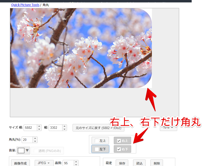 桜の写真を、右上、右下だけ角丸にした画像