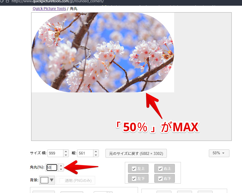 画像の角丸具合を、MAXの50%にした画像