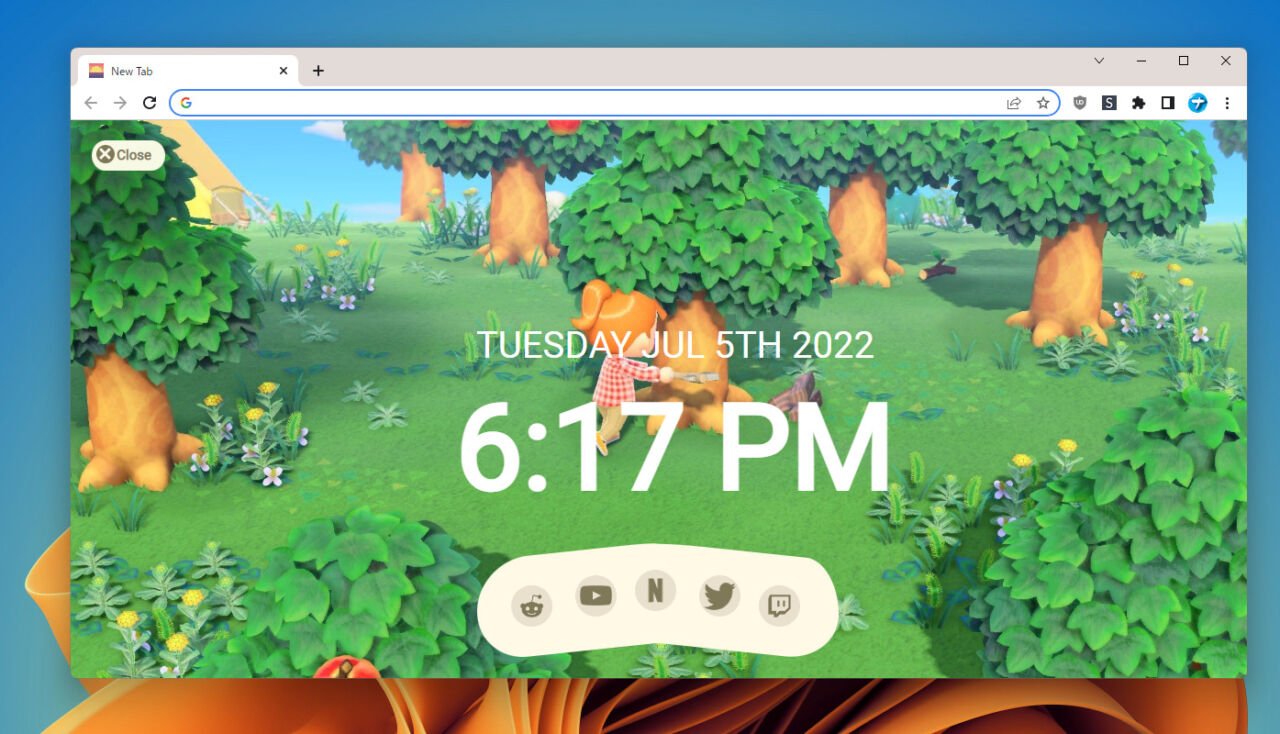 Animal Crossing New Tab Pageが適用された状態の新しいタブが表示される