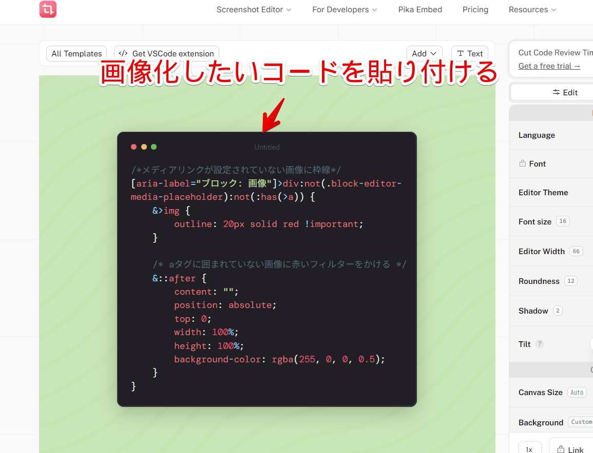 「Pika」サイトにコードを張り付けた画像