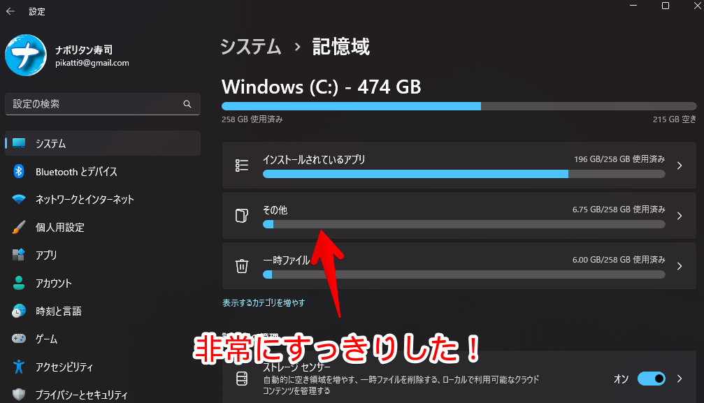 Windows11の設定画面　システム→記憶域