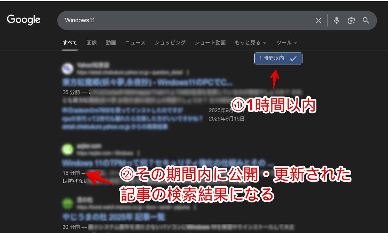 「Google Search date range shortcut」拡張機能で1時間以内に絞り込んだ画像
