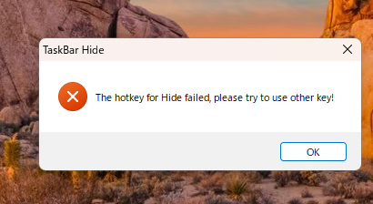 「The hotkey for Hide failed, please try to use other key!」ダイアログ画面