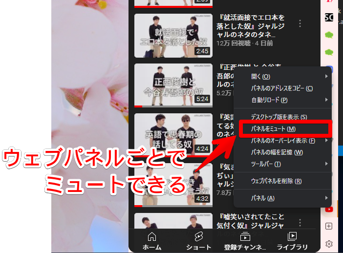 ウェブパネルの右クリックメニュー→パネルをミュート ウェブパネルの右クリックメニュー→パネルをミュート