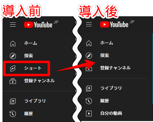 「No YouTube Shorts」の導入前と導入後の左側サイドバーの比較画像